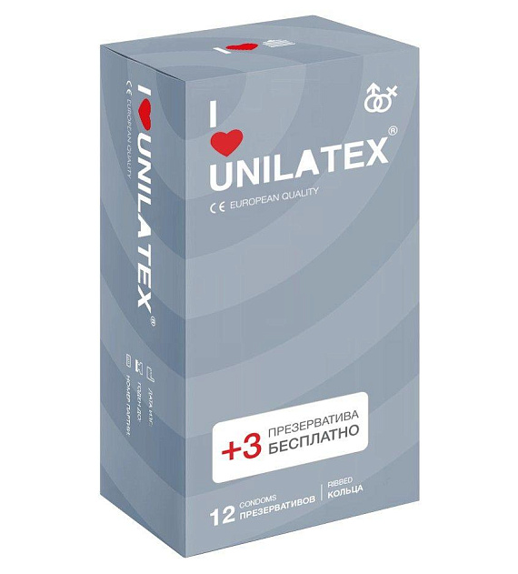 Презервативы с рёбрами Unilatex Ribbed - 12 шт. + 3 шт. 
