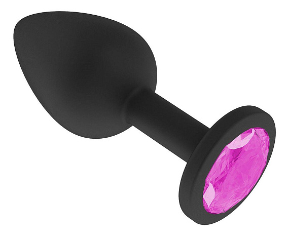 Чёрная анальная втулка с розовым кристаллом - 7,3 см. - силикон