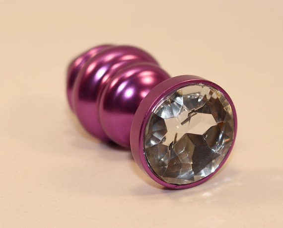 Фиолетовая рифленая пробка с прозрачным кристаллом - 7,3 см. - металл