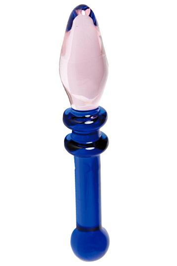 Стеклянный стимулятор с синей рукоятью и розовым кончиком - 18 см.