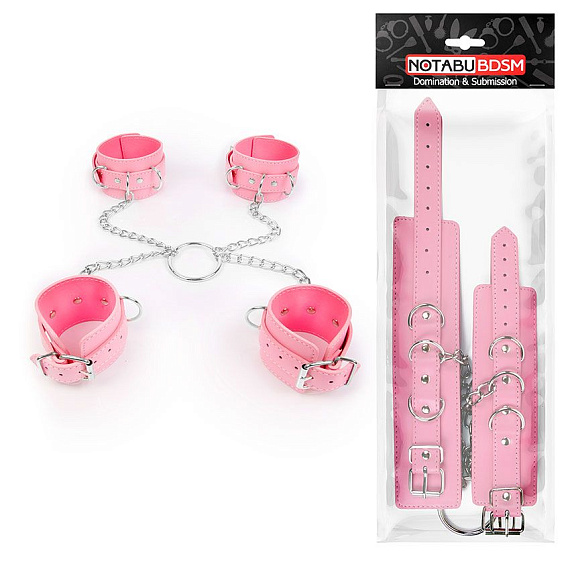 Комплект розовых наручников и оков на металлических креплениях с кольцом - поливинилхлорид (ПВХ, PVC)