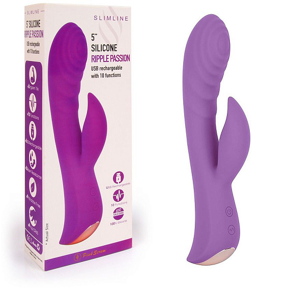 Фиолетовый вибромассажер-кролик 5  Silicone Ripple Passion - 19,1 см. - силикон