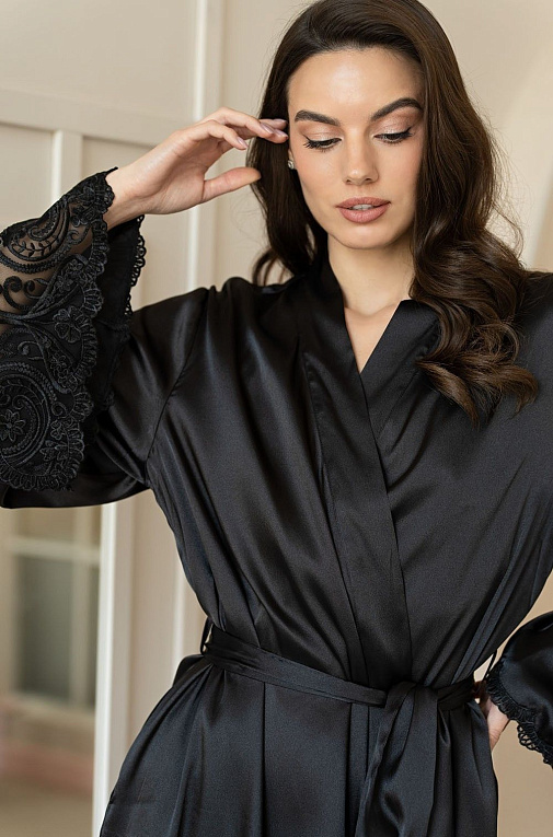 Роскошный шелковый халат Marjory с кружевом на рукавах - фото 6