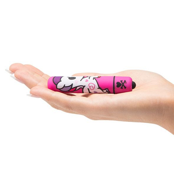 Розовая вибропуля с веселым принтом MINI BULLET VIBRATOR PINK UNICORN - анодированный пластик (ABS)