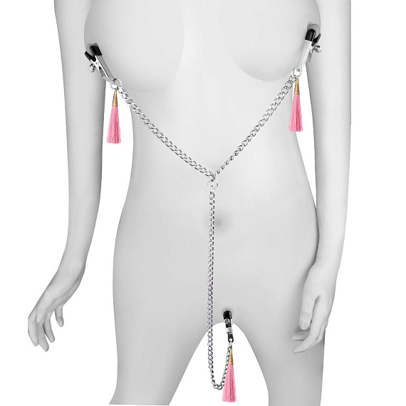Зажимы на соски и половые губы с розовыми кисточками Nipple Clit Tassel Clamp With Chain - фото 5