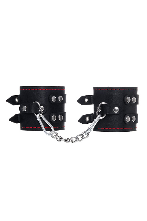 Черные кожаные наручники с двумя ремнями и контрастной строчкой - натуральная кожа