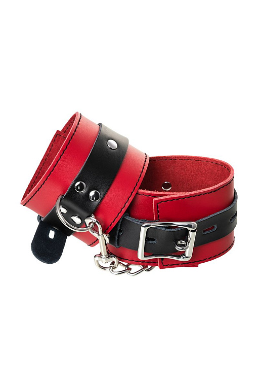Красно-черные кожаные наручники со сцепкой ToyFa