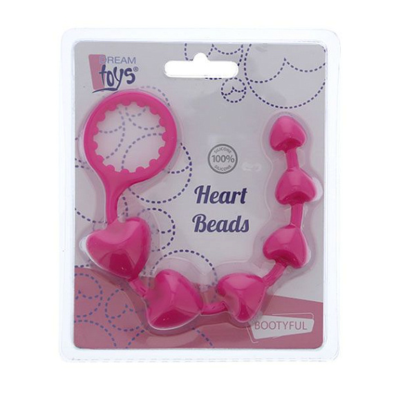 Розовая анальная цепочка с шариками-сердечками HEART BEADS - 23 см. - силикон
