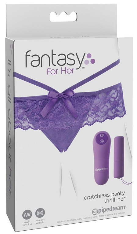 Фиолетовые трусики с вибропулей и пультом Crotchless Panty Thrill-Her от Intimcat