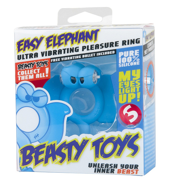 Голубое кольцо Beasty Toys Easy Elephant с вибрацией и светящимися глазами - силикон