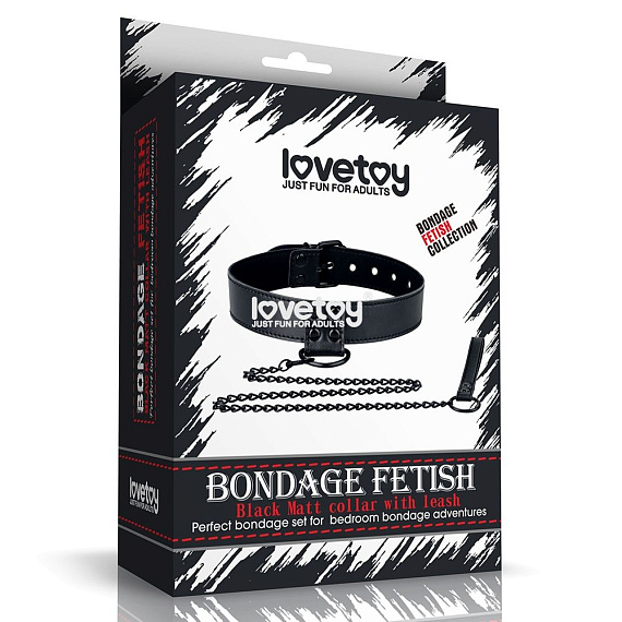 Черный ошейник Bondage Fetish Black Matt Collar With Leash с цепочкой-поводком Lovetoy