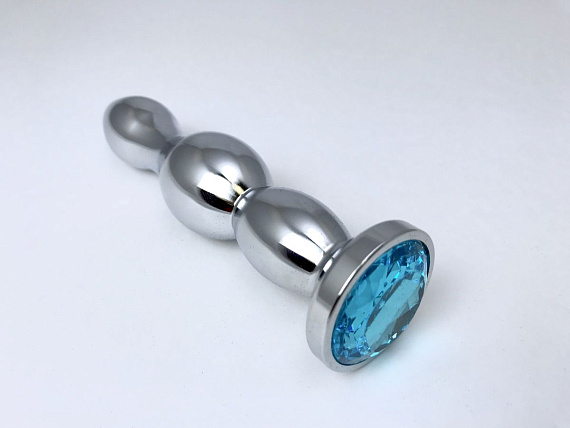 Серебристая анальная пробка-ёлочка с голубым кристаллом - 12 см. - металл