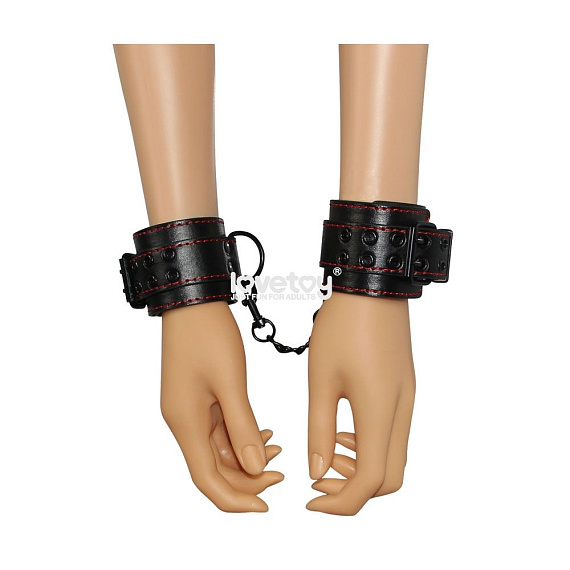 Черные наручники Bondage Fetish Pleasure Handcuffs с контрастной строчкой - фото 5