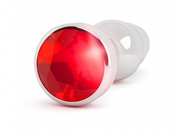 Серебристая анальная пробка-ёлочка с красным кристаллом - 11,5 см. - металл