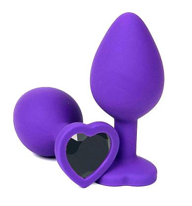 Фиолетовая силиконовая анальная пробка с черным стразом-сердцем - 8,5 см.