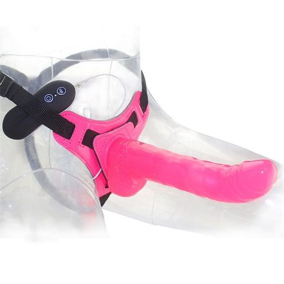 Розовый страпон 10 Function Vibration 8  Harness Curved Dong - 20,5 см. - термопластичная резина (TPR)
