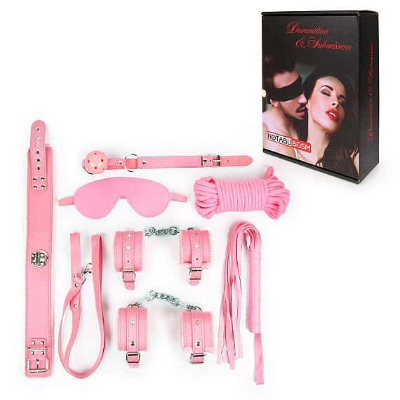 Оригинальный розовый набор БДСМ: маска, кляп, верёвка, плётка, ошейник, наручники, оковы - поливинилхлорид (ПВХ, PVC)