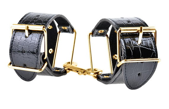 Черные с золотом наручники Cuffs - искусственная кожа