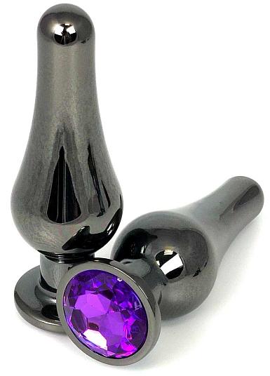 Черная удлиненная анальная пробка с фиолетовым кристаллом - 11,5 см.