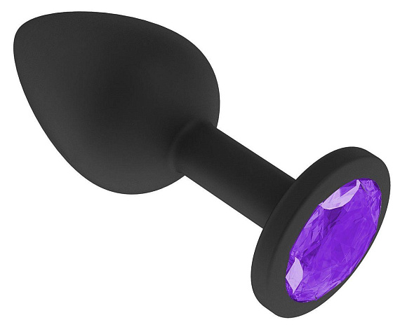 Чёрная анальная втулка с фиолетовым кристаллом - 7,3 см. - силикон