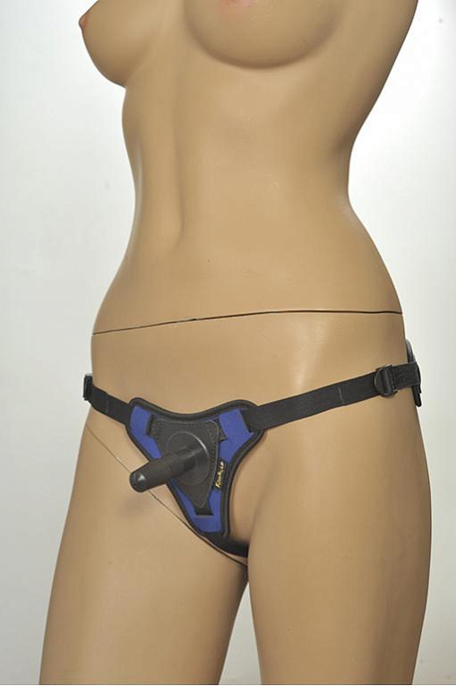Сине-чёрные трусики с плугом Kanikule Strap-on Harness Anatomic Thong - неопрен