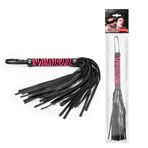 Черная многохвостовая плеть с круглой розовой ручкой-зеброй - 39 см. - поливинилхлорид (ПВХ, PVC)