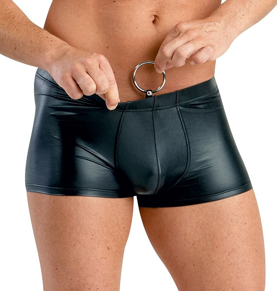 Мужские трусы-шорты из wet-look материала с эрекционным кольцом - 92% полиэстер, 8% эластан