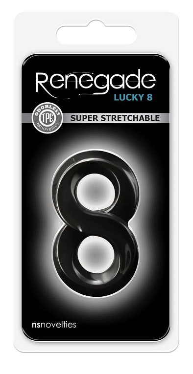 Черное эрекционное кольцо с подхватом мошонки Lucky 8 - термопластичный эластомер (TPE)