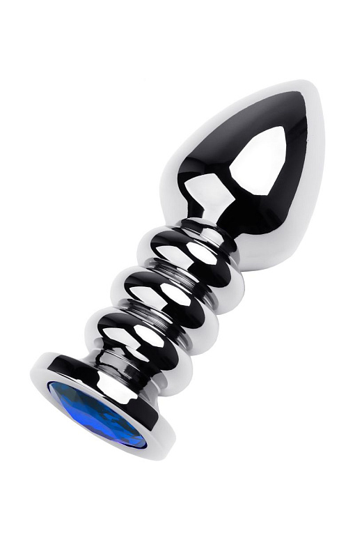 Серебристый анальный стимулятор с ребрышками и синим кристаллом - 10,5 см. - металл