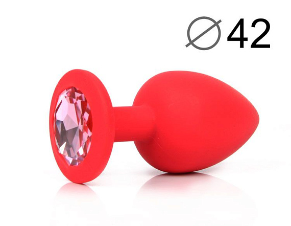 Красная анальная пробка с розовым кристаллом - 9,5 см. - силикон