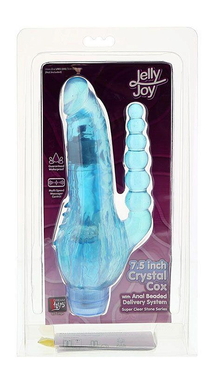 Голубой вибратор с анальным хвостом и шипами JELLY JOY CRYSTAL COX - 19 см. - поливинилхлорид (ПВХ, PVC)