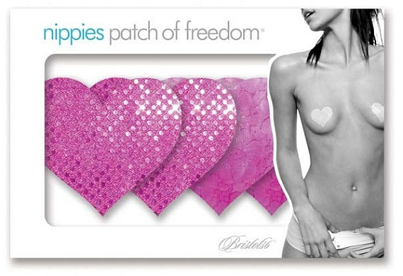 Комплект из 1 пары розовых пэстис-сердечек с блестками и 1 пары розовых пэстис-сердечек  с кружевной поверхностью - 