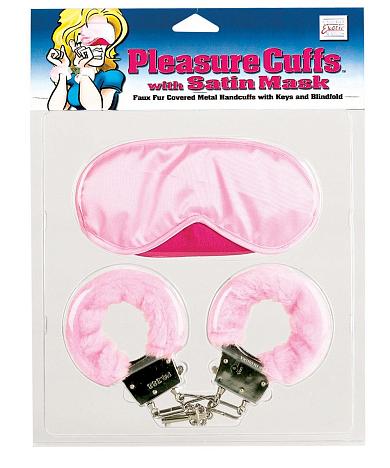 Комплект - розовая маска на глаза, наручники обшитые, 2 ключа.