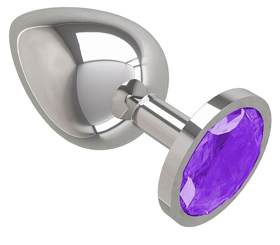 Серебристая большая анальная пробка с фиолетовым кристаллом - 9,5 см. - металл