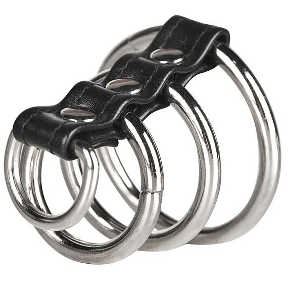 Хомут на пенис из трех металлических колец и кольца для привязи 3 RING GATES OF HELL - металл