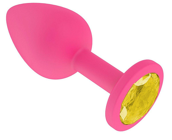 Розовая анальная втулка с желтым кристаллом - 7,3 см. - силикон