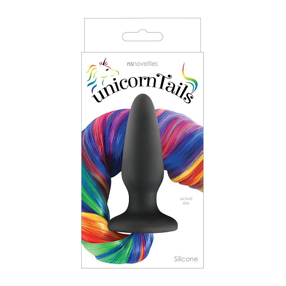 Чёрная анальная пробка с радужным хвостом Unicorn Tails Rainbow - силикон