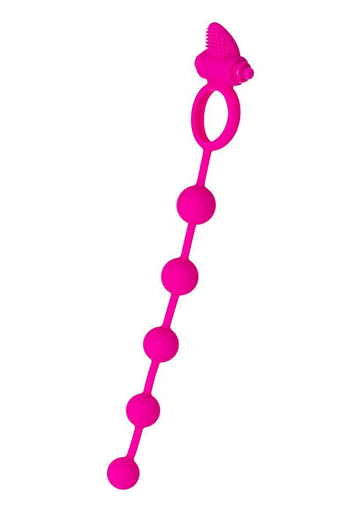 Розовое эрекционное виброкольцо Posedon с анальной цепочкой - силикон