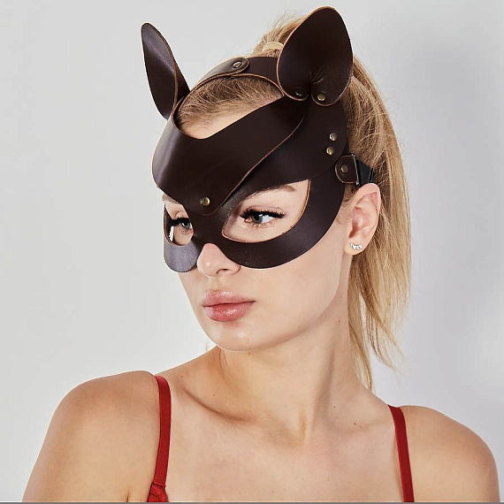Коричневая кожаная маска  Кошечка - натуральная кожа