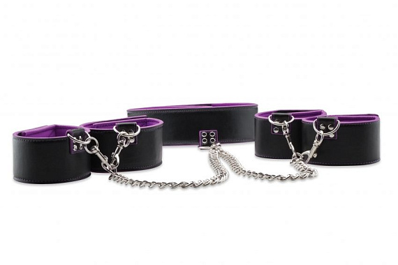 Чёрно-фиолетовый двусторонний комплект для бандажа Reversible Collar / Wrist / Ankle Cuffs от Intimcat