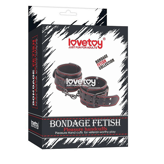 Черные наручники Bondage Fetish Pleasure Handcuffs с контрастной строчкой - искусственная кожа