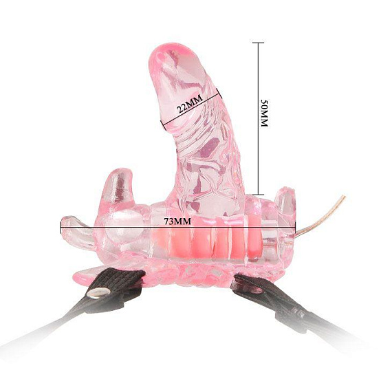Розовая вибробабочка с фаллосом на регулируемых ремешках от Intimcat