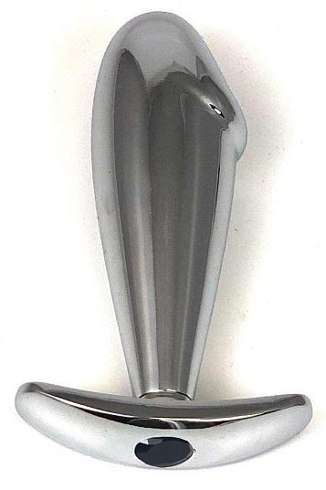 Серебристая анальная пробка-фаллос с черным кристаллом – 9,5 см.