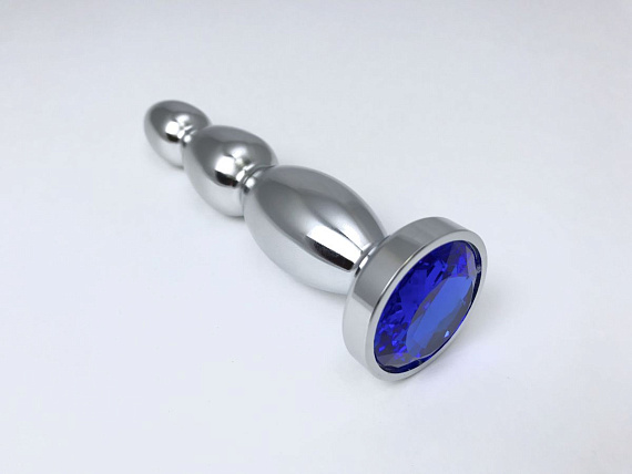 Серебристая анальная пробка-ёлочка с синим кристаллом - 13 см. - металл