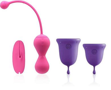 Набор: розовый тренажер Кегеля MAGIC KEGEL MASTER 2 и фиолетовые менструальные чаши
