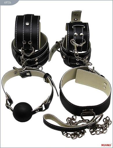 Набор чёрных кожаных БДСМ-аксессуаров: наручники, наножники, ошейник с поводком, кляп