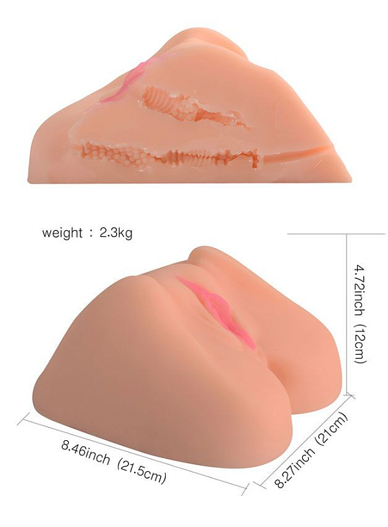 Телесная вибровагина с розовыми губками и двумя отверстиями - термопластичная резина (TPR)