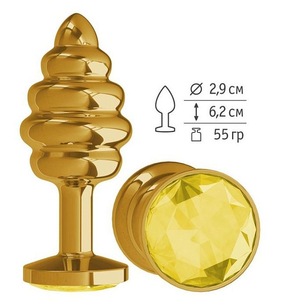 Золотистая спиралевидная анальная пробка с желтым кристаллом - 7 см. - металл