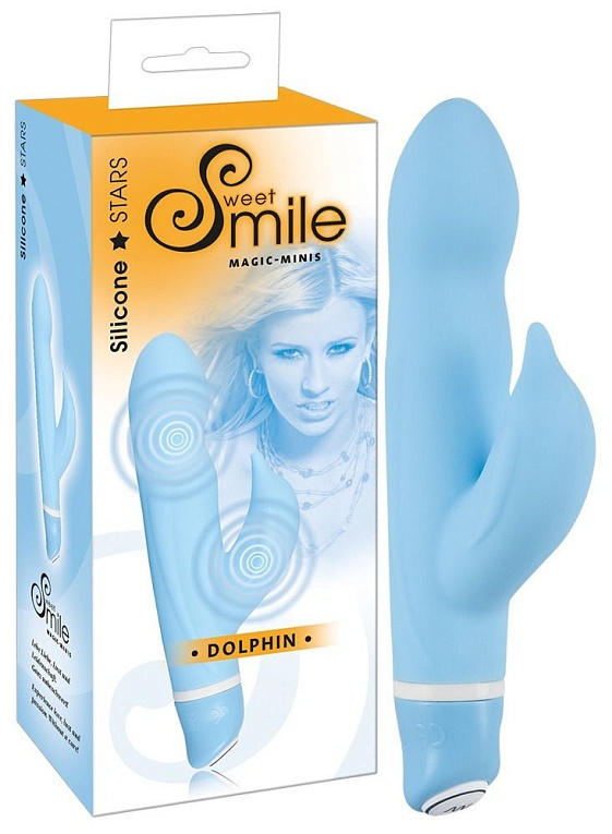 Голубой вибратор Smile Dolphin с клиторальным отростком - 16 см.