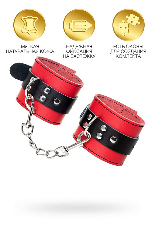 Красно-черные кожаные наручники со сцепкой от Intimcat